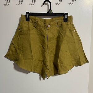 Olivaceous Olive Green Flared High-Waist Shorts